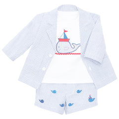 Boy's Nautical Seersucker Embroidered Sailing Outfit Set