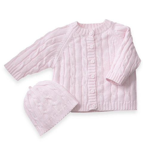 Cotton Cable Knit Soft Pink Cardigan Sweater & Beanie Set