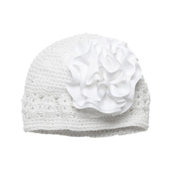 Grosgrain Rosette Soft Crocheted Hat in White