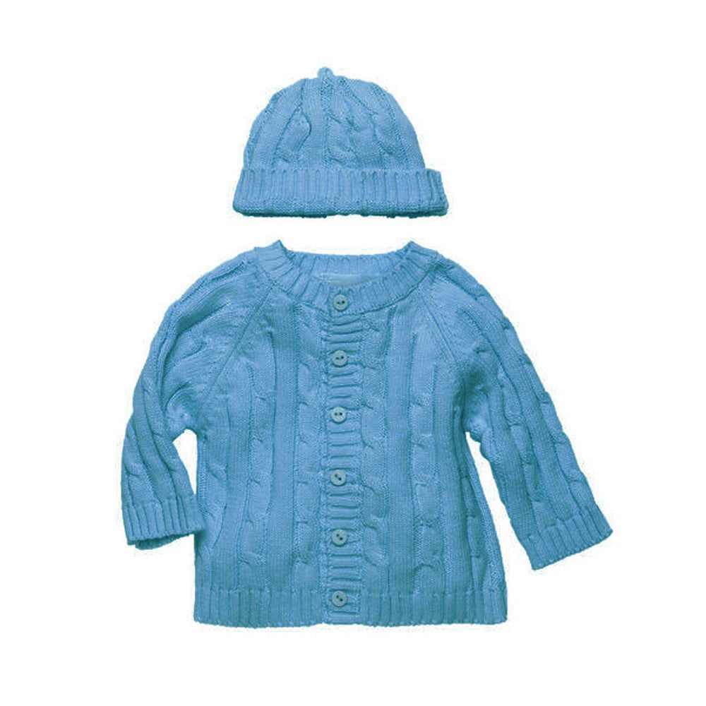 Cotton Cable Knit Dark Blue Cardigan Sweater & Beanie Set
