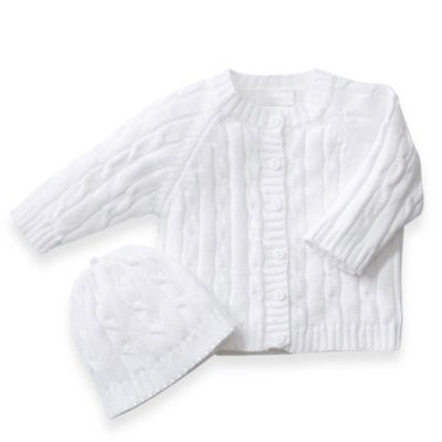 Cotton Cable Knit White Cardigan Sweater & Beanie Set